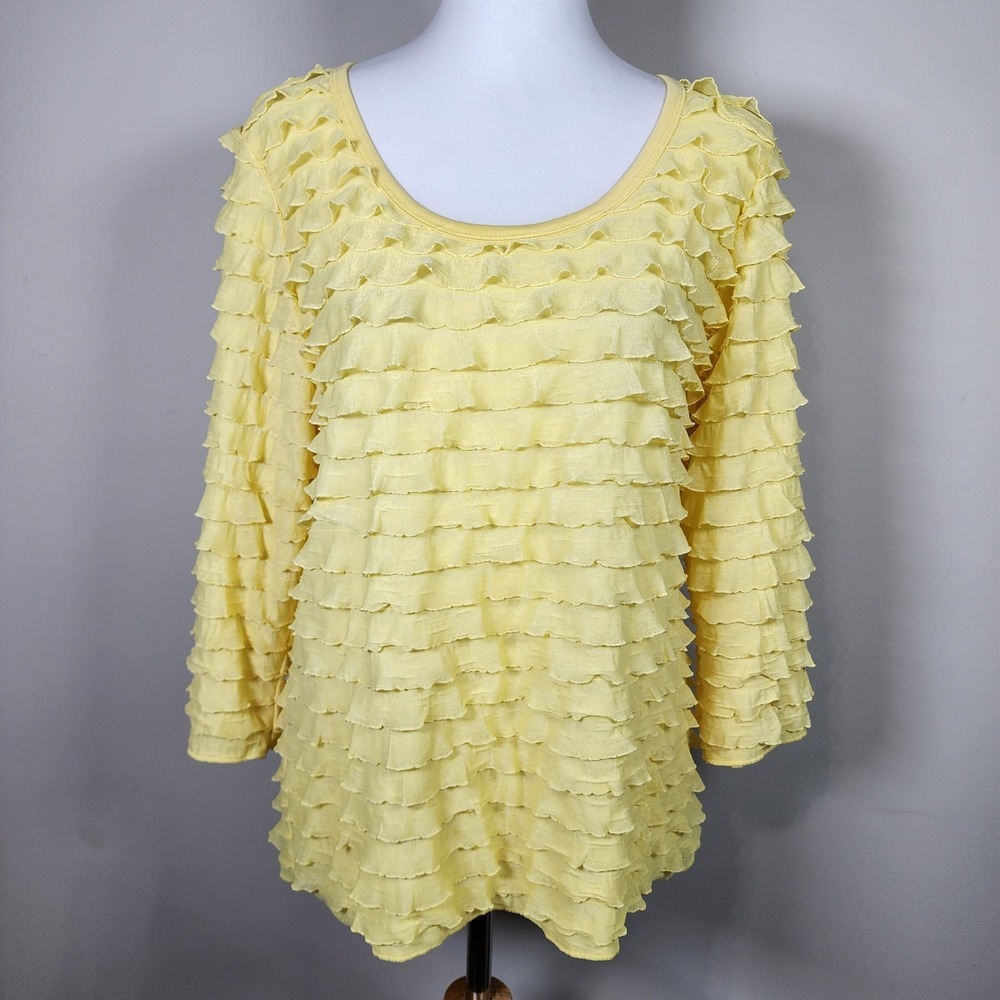 Travel Elements Ruffle Shirt Women Medium Yellow Stretch Resort Feminine Happy